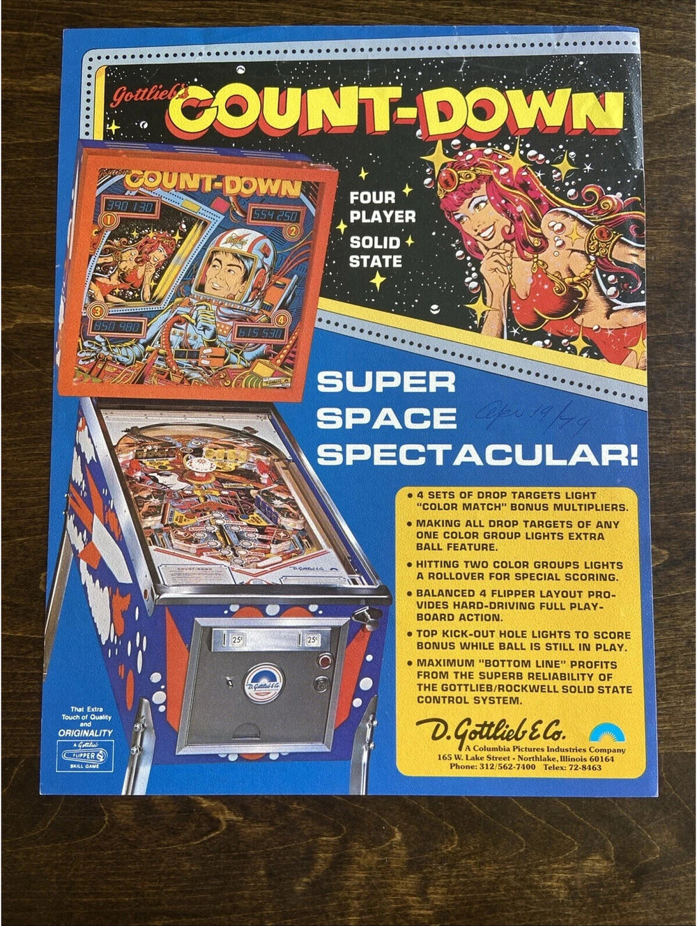Gottlieb Count-Down Pinball Machine FLYER Original 1979 Ad Promo Insert